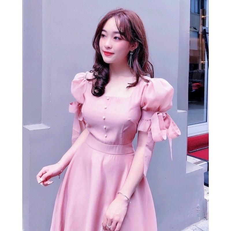 ĐẦM TAY NGẮN BUỘC NƠ TRẮNG, HỒNG XINH XẮN