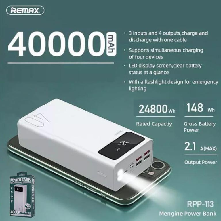 Pin sạc dự phòng Remax RPP-113 40000mAh, lõi Li-polymer, 3 cổng input, 4 cổng output (Trắng) HÀNG CHÍNH HÃNG