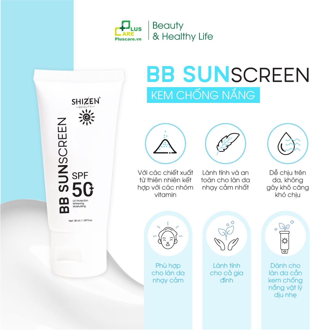 KEM CHỐNG NẮNG BB SUNSCREEN 30ml SPF 50 PA+++, vừa trang điểm, vừa chống nắng, vừa dưỡng da