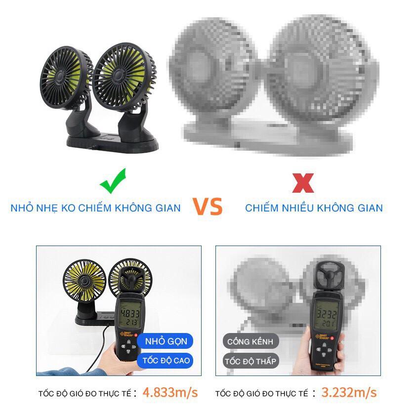 QUẠT ĐÔI MINI Ô TÔ - QUẠT MÁT, ÊM, XOAY 360 ĐỘ/TÍCH HỢP 3 CHẾ ĐỘ QUẠT MÁT CÔNG SUẤT 12W
