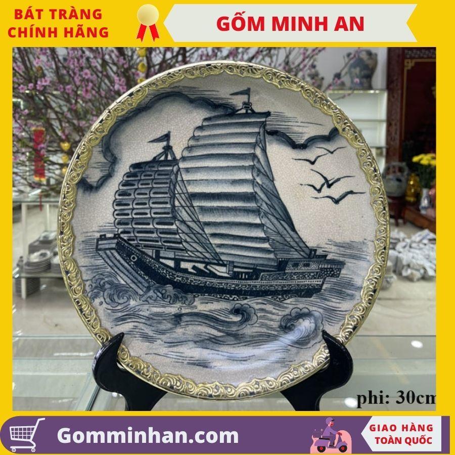 Đĩa cảnh men rạn giả cổ bát tràng bọc đồng đường kính 30cm gốm Minh An Bát Tràng