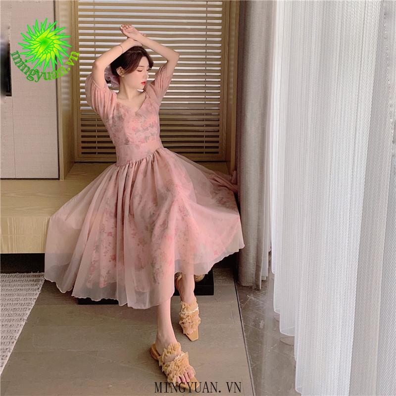 Đầm Nữ Tay Phồng Cổ Chữ V Thời Trang Retro