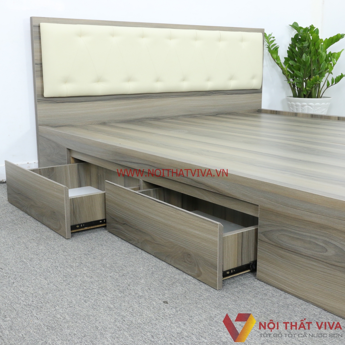 Giường Ngủ Gỗ Mdf Phủ Melamine Bọc Nệm Có Ngăn Kéo Màu Nết + Trắng