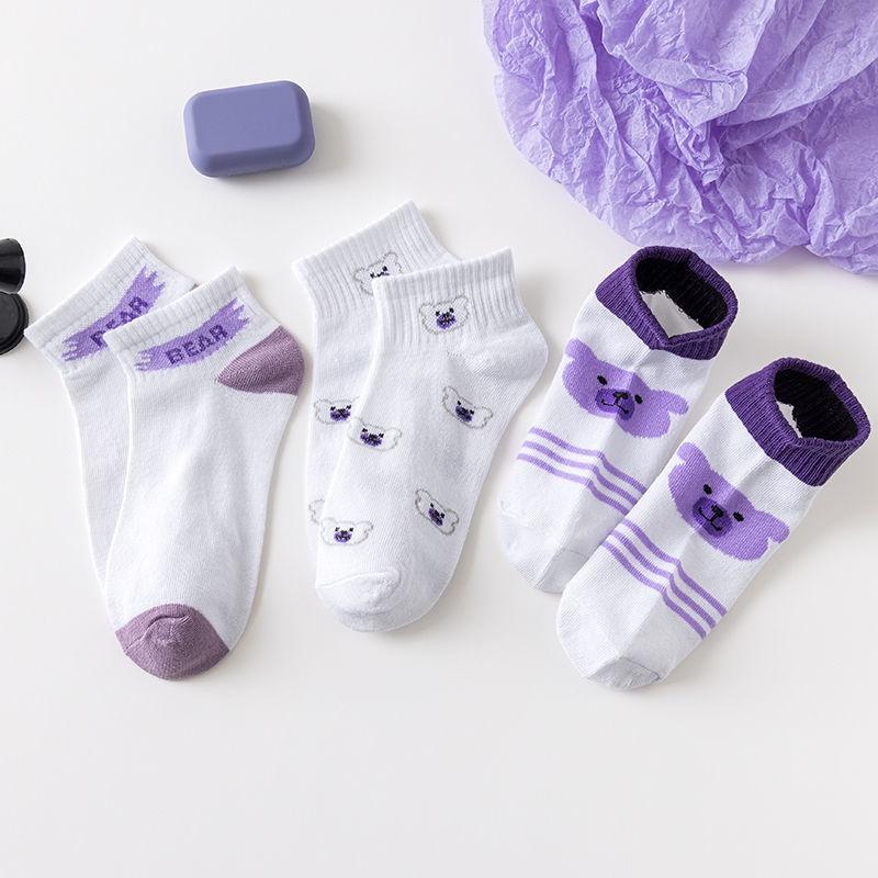 Socks women's fashion socks shallow mouth summer thin Korean cartoon purple bear Cute Japanese students low waist boat socks