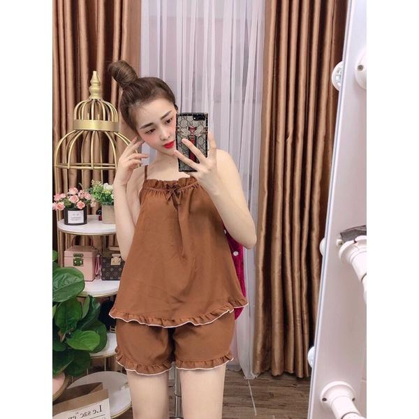 Sét bộ tiểu thư mặc nhà chất lụa satin phối áo hai dây quần lửng freesize từ kg
