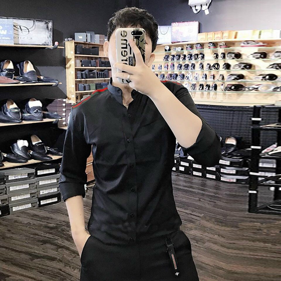 Áo sơ mi nam dài tay viền vai xanh đỏ