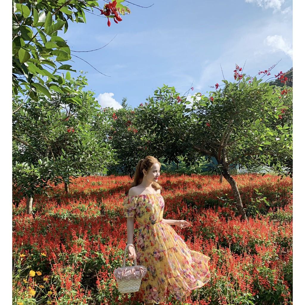 đầm trể vai hoa vàng dễ thương