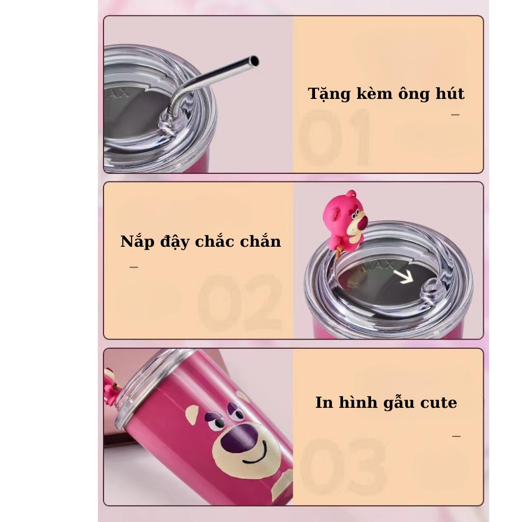 Ly giữ nhiệt gấu dâu inox 304 dung tích 450ml kèm sticker 3d và ống hút siêu xinh