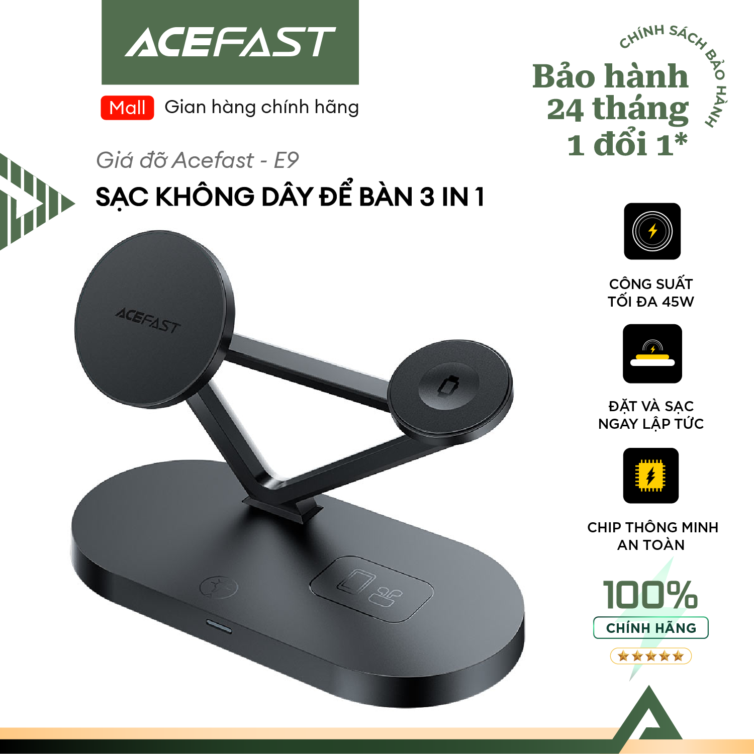 Giá đỡ sạc không dây để bàn 3 in 1 Acefast - E9 Hàng chính hãng Acefast