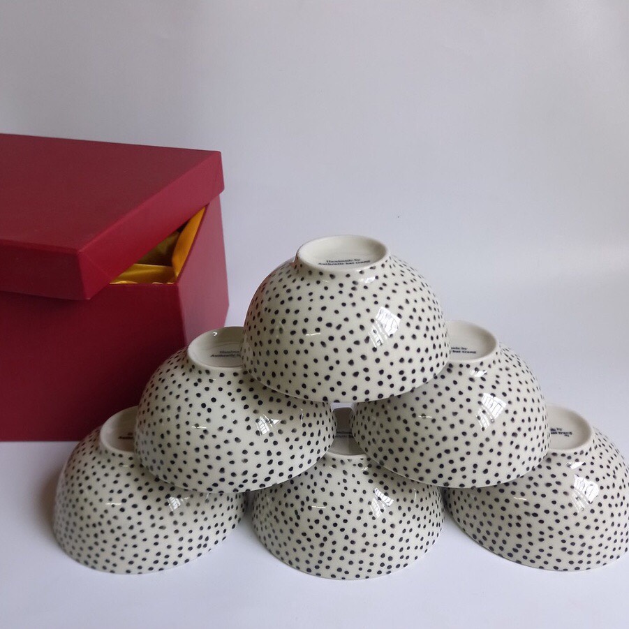 Bộ 10 bát cơm họa tiết chấm bi cao cấp - Sản phẩm vẽ tay thủ công và nung ở nhiệt độ cao - gốm sứ cao cấp