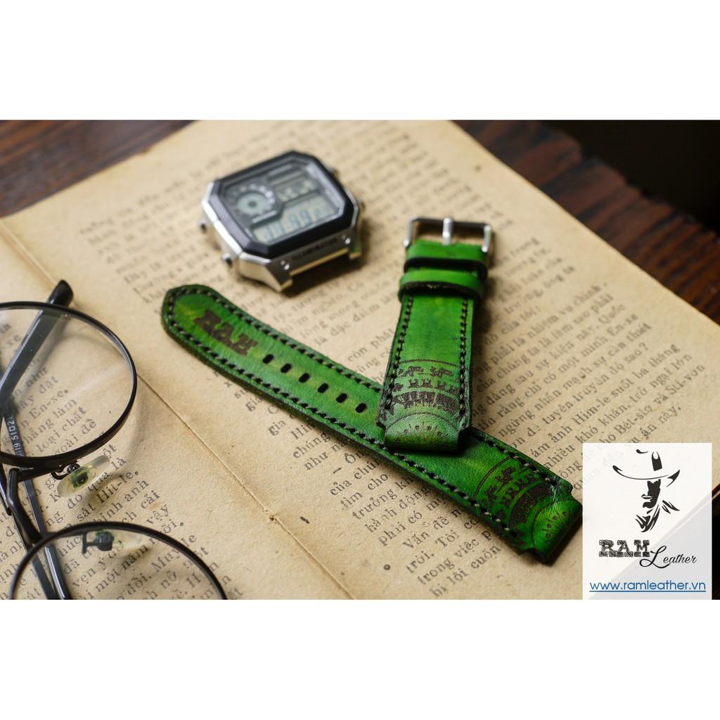 DÂY ĐỒNG HỒ DA BÒ THẬT - RAM TRỐNG ĐỒNG XANH LÁ - CASIO AE1200/SEIKO5 - RAM LEATHER -