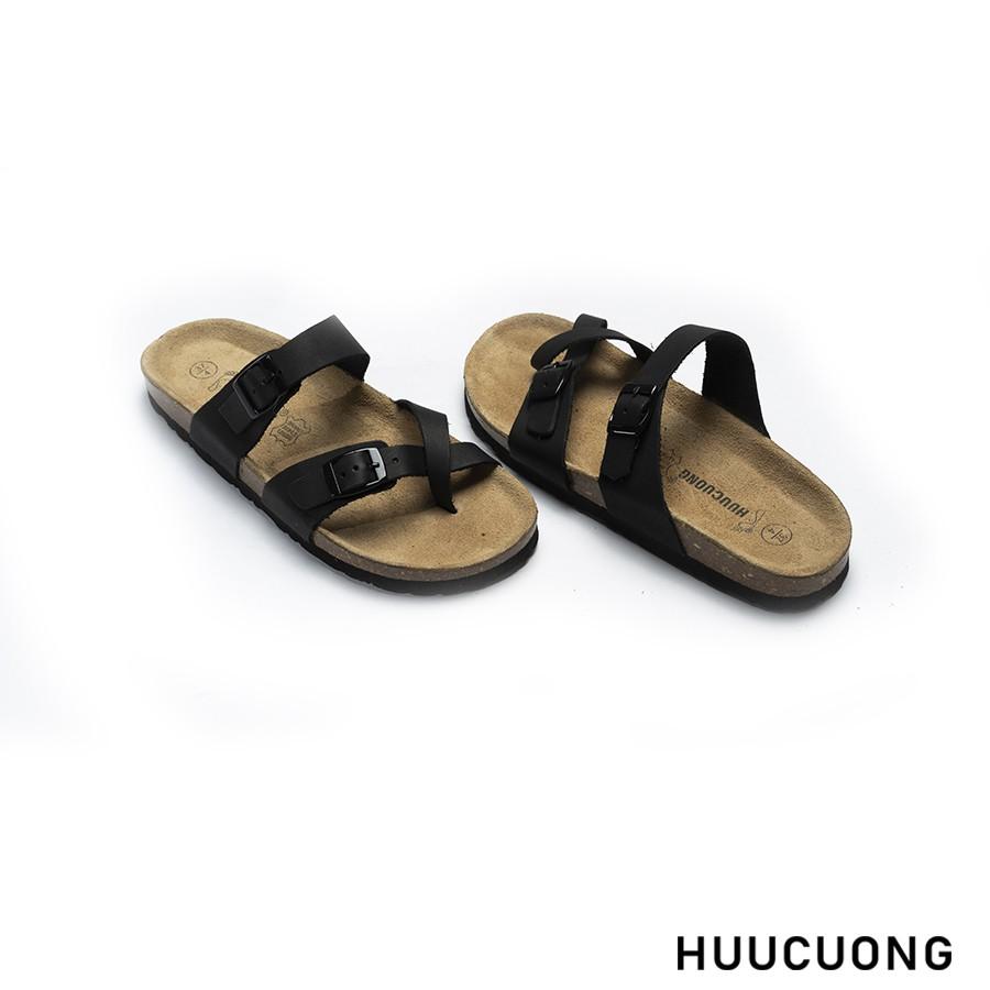 Dép unisex HuuCuong xỏ ngón da bò đen đế trấu handmade