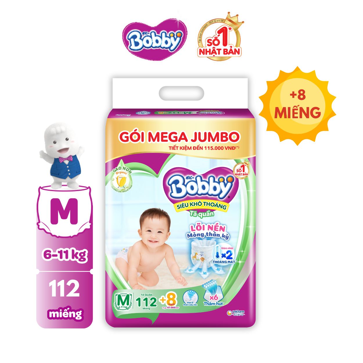 [TẶNG THÊM MIẾNG] Tã/bỉm quần Bobby 3mm Mega Jumbo Gạo non Giảm nhiệt M112/L96/XL84/XXL76