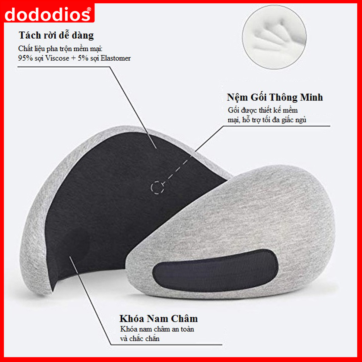 Gối Ngủ Du Lịch Chất Liệu Memory Foam Mật Độ Cao - Gối Ngủ Văn Phòng Thông Minh Cao Cấp Chính Hãng Dododios – Kèm Túi Vải Nhung Đựng Gối Ngủ Chữ U Văn Phòng