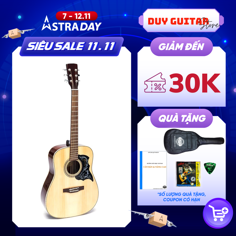Đàn Guitar Acoustic DD200 NAT - Màu gỗ dáng D cho âm thanh vang tốt sử dụng lâu dài