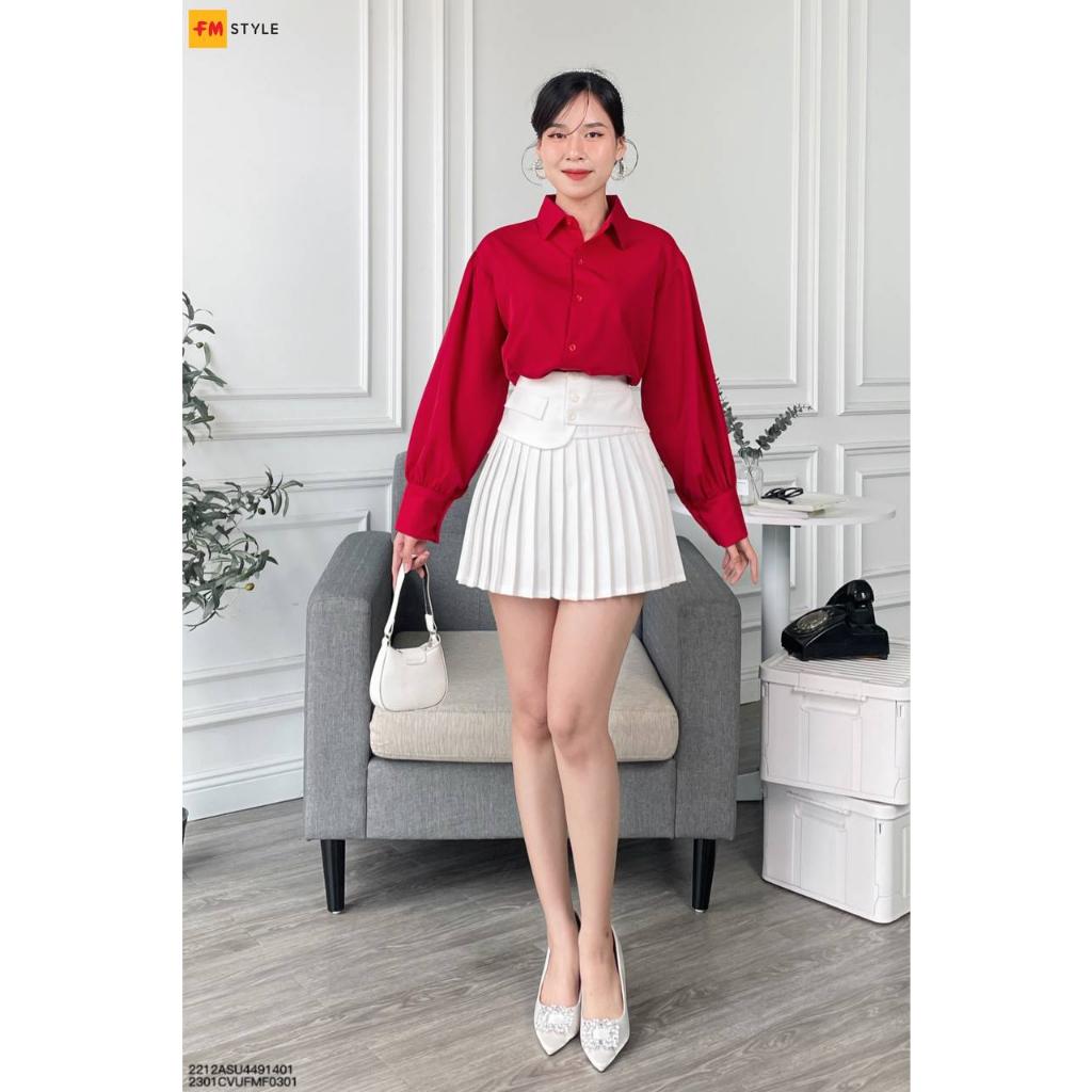 Áo sơ mi nữ Fm Style màu đỏ cổ bẻ tay dài bồng thời trang dáng rộng dày dặn phong cách Hàn Quốc 22120557