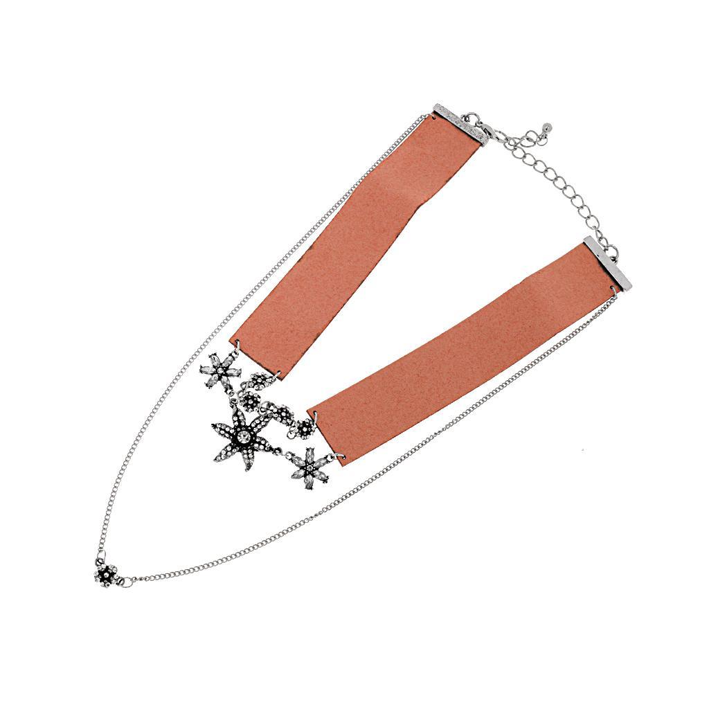 Women's Double Layers Crystal Rhinestone Flower Choker Chunky Necklace Pink