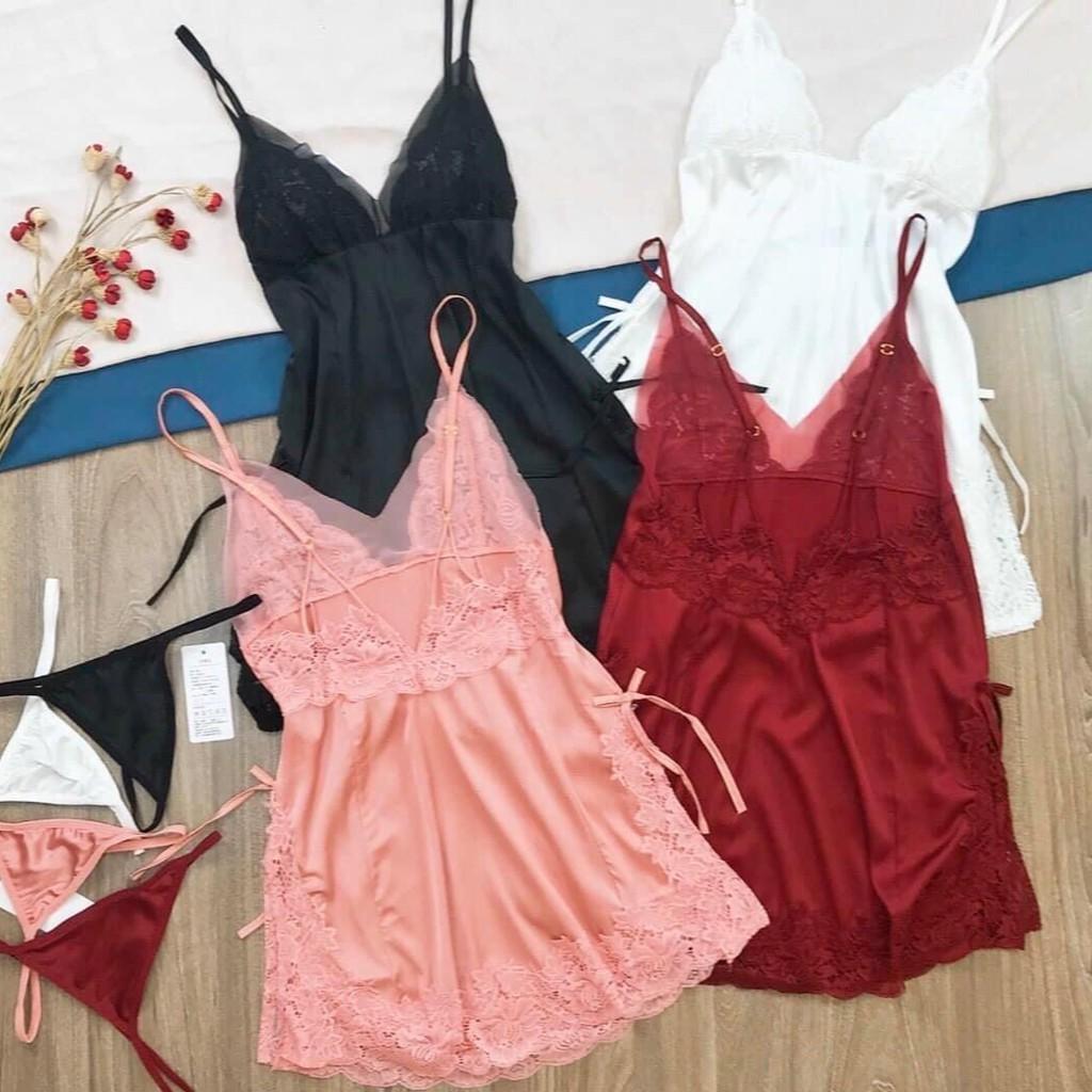 Váy ngủ sexy phối ren ngực đầm ngủ ren form ngắn quyến rũ màu đỏ