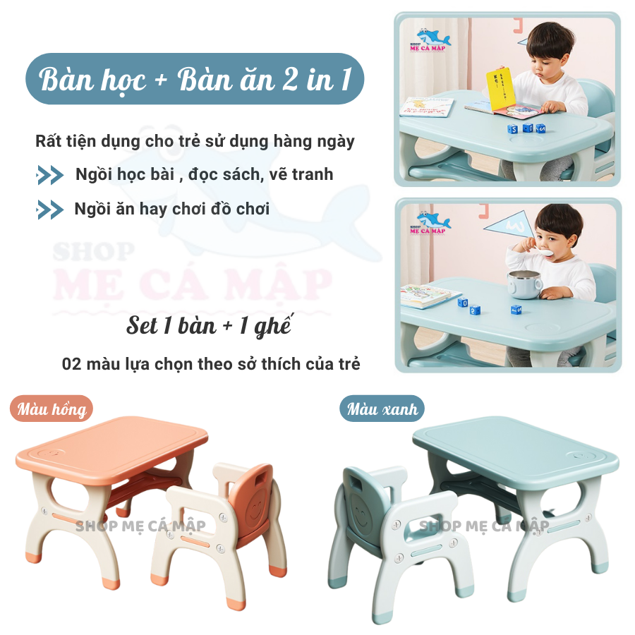 Bộ bàn học cho bé 2 in 1 , Nhựa nguyên sinh cao cấp dày dặn chắc chắn