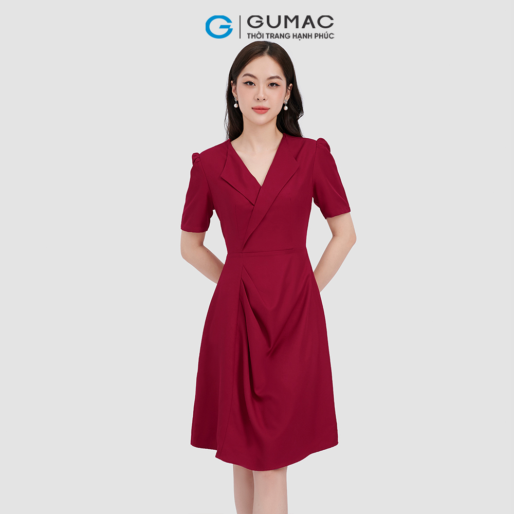 Đầm nữ GUMAC DC05010 form A cổ danton phối xếp ly tạo kiểu