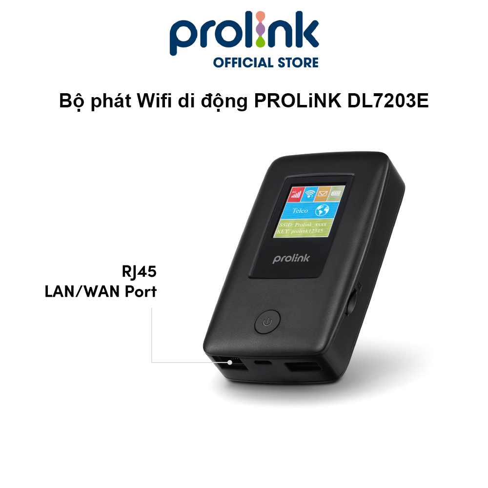 Bộ phát Wifi di động PROLiNK DL7203E dùng SIM 4G LTE 150Mbps, pin 5200mAH lên tới 25h, TFT 1.44&quot;, cổng RJ45, USB 2.0 - Hàng chính hãng