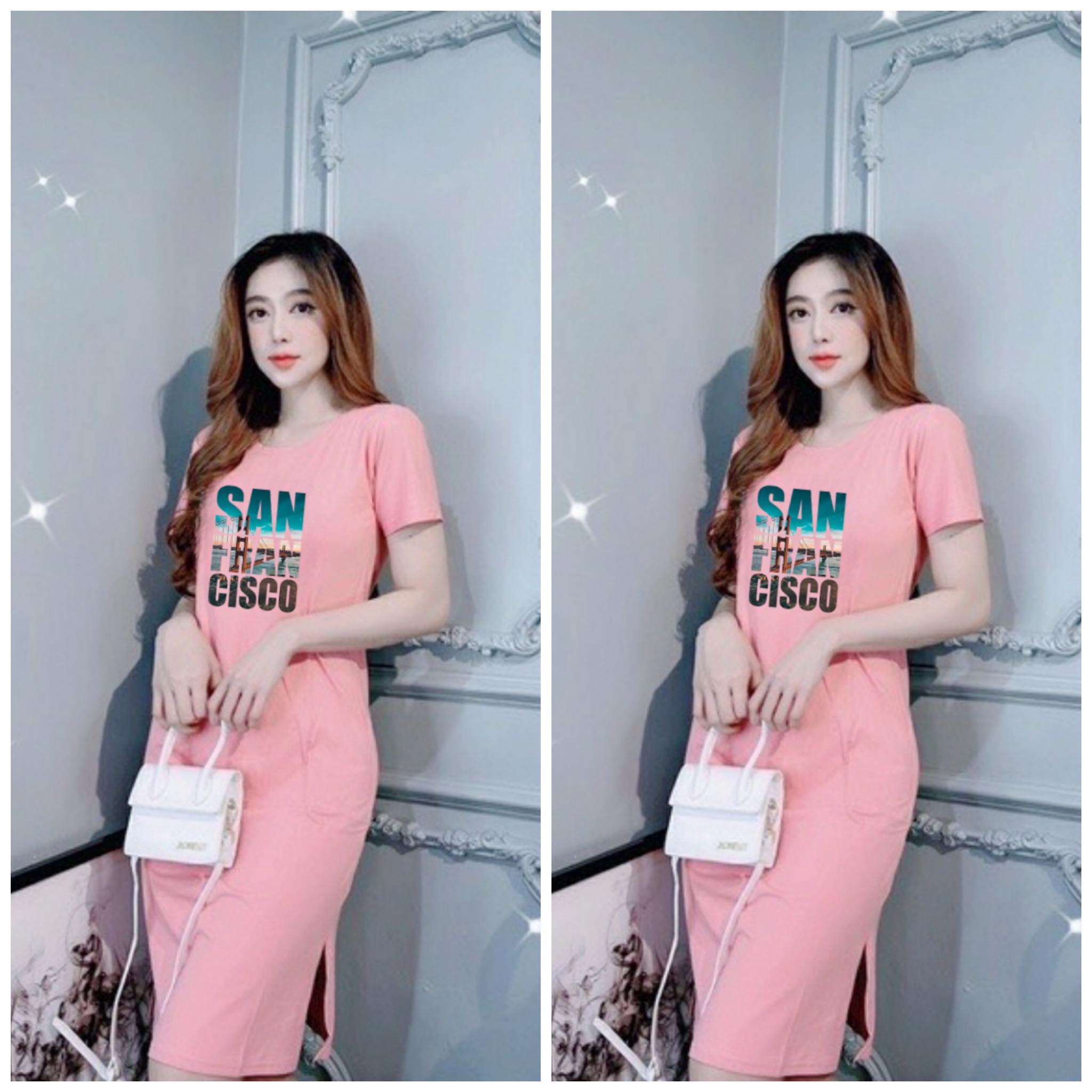 Váy thun nữ dáng suông xẻ tà cổ tròn in chữ Sanfrancisco từ 40-55kg ( D146 )