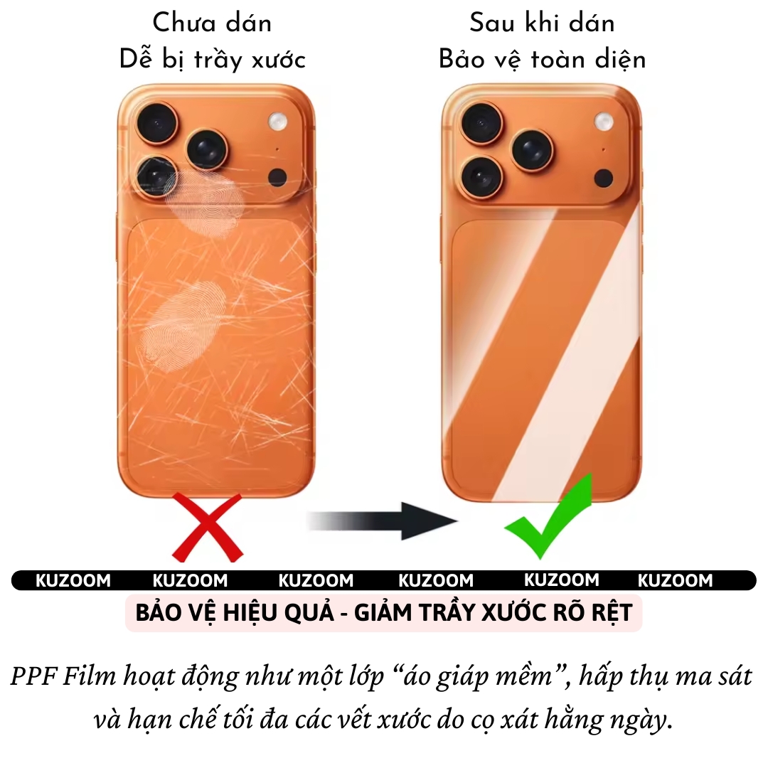 Bộ miếng dán Film PPF InvisibleShield bảo vệ camera và lưng trong suốt chống xước KUZOOM LENS cho iPhone 17 Pro Max / 17 Pro  - Siêu mỏng 0.1mm, chống trầy xước, Phủ nano chống vân taym, chống dầu, ppf cao cấp - hàng nhập khẩu