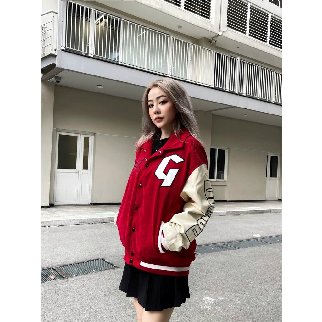 Áo Khoác Nhung Tăm Form Rộng Phối Tay Da Leather Seeve Jacket Varsity V16 - Màu Đỏ