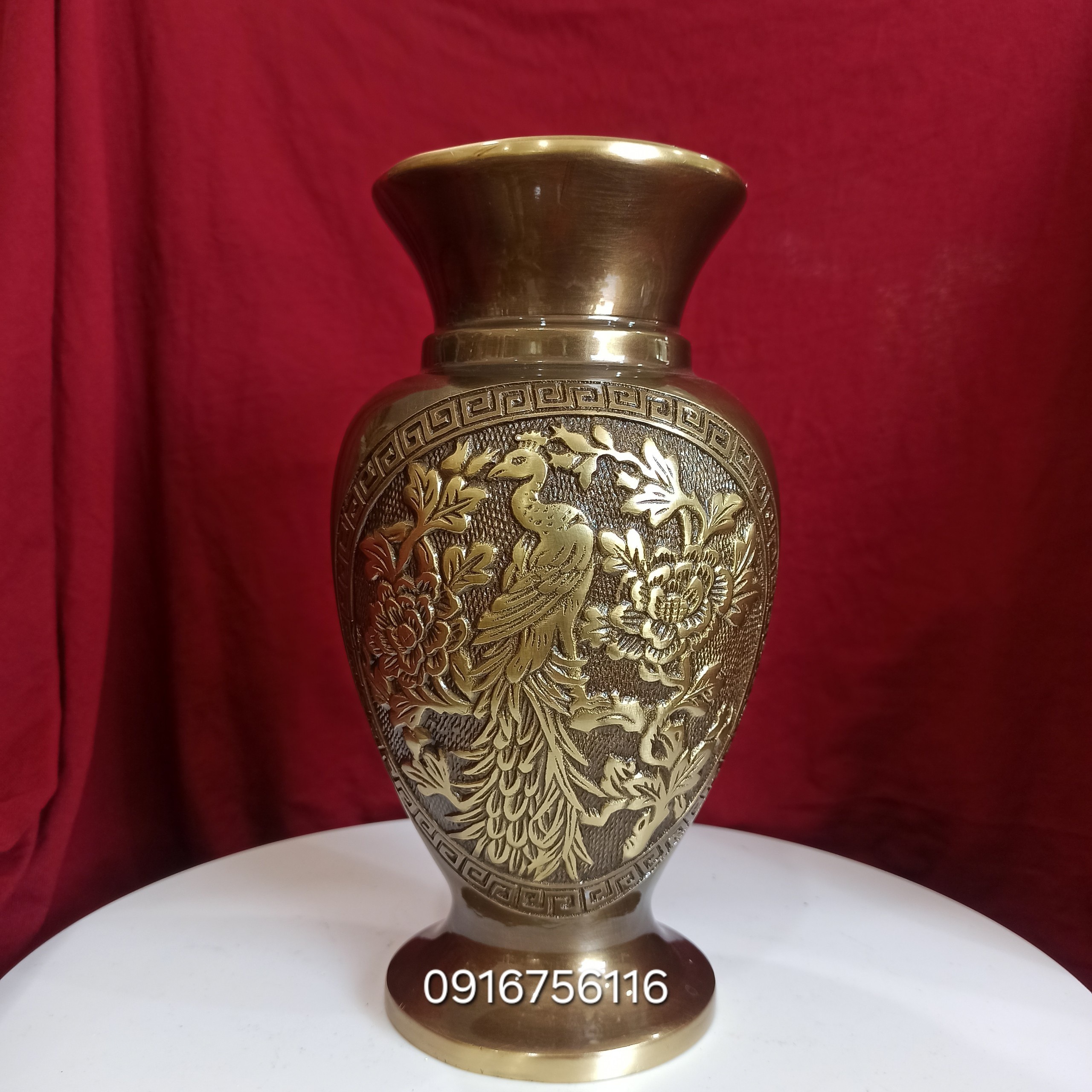 Lọ hoa phượng hoàng đồng vàng màu hun cạo 24.5cm
