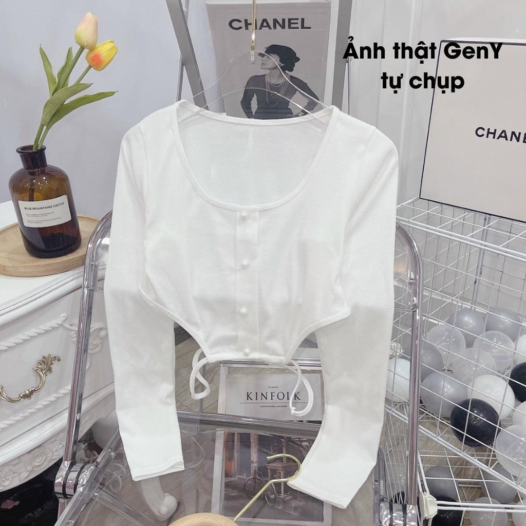Áo croptop tay dài cổ vuông GenY - Áo kiểu nữ ôm body, eo phối dây cực tôn dáng, chất thun gân dày dặn