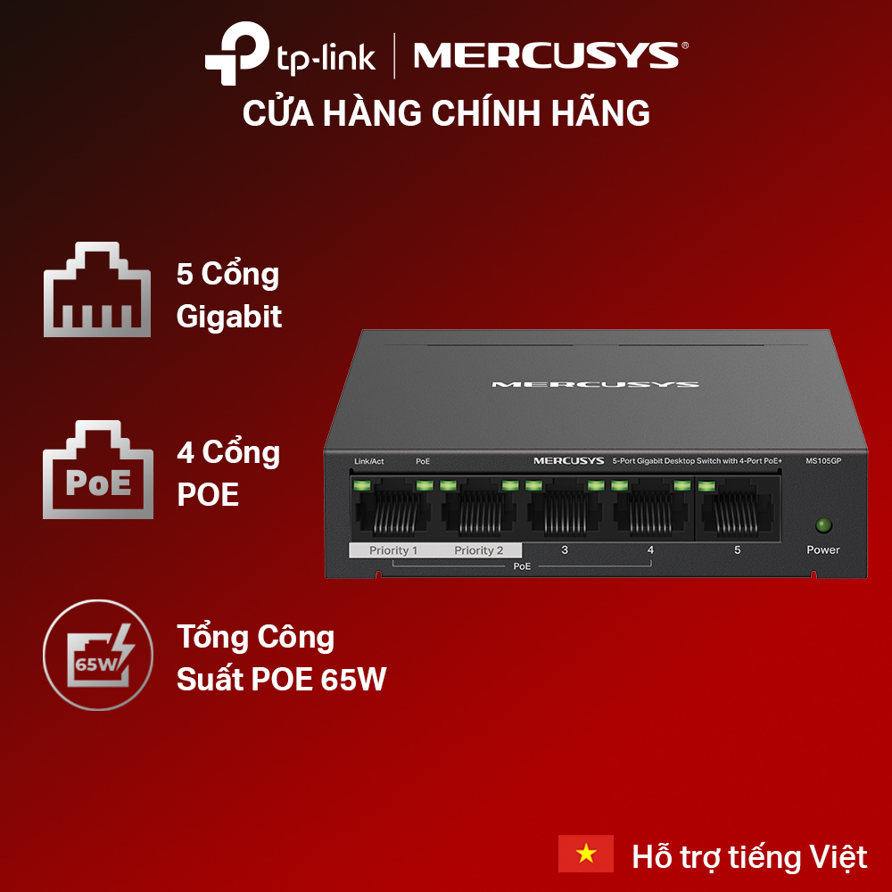 Bộ Switch Chia Mạng Mercusys MS105GP 5 Cổng 10/100/1000Mbps với 4 Cổng PoE+ - Hàng Chính Hãng