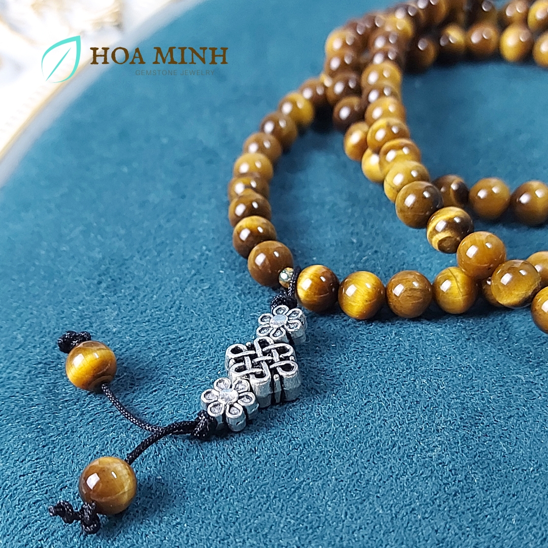 Vòng tay đá Mắt Hổ vàng nâu VIP 5A tự nhiên chuỗi 108 hạt size 6 li phối charm cát tường hoa mai bình an, lộc phát