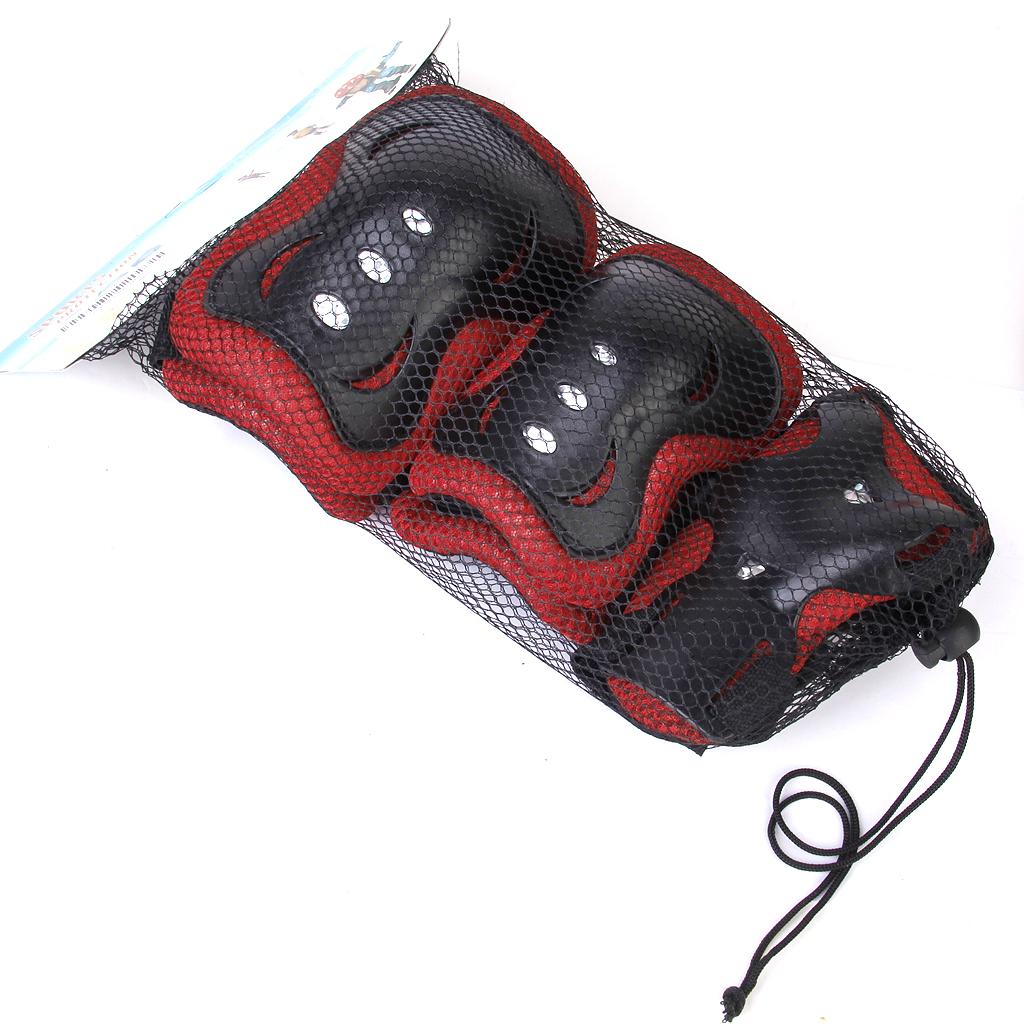 1 Set of 6PCS Adjustable Size Roller Skating Skateboard Knee Elbow Wrist Protective Guard Pad Black and Red