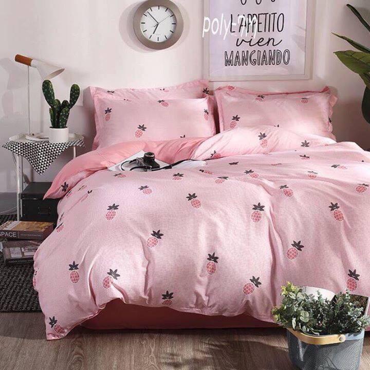 BỘ CHĂN GA COTTON MÀU HỒNG HỌA TIẾT QUẢ DỨA