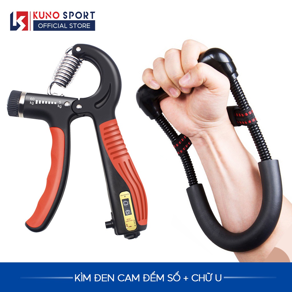 Combo dụng cụ tập cơ tay KUNO SPORT, kìm bóp tay chữ R có đếm số và dụng cụ tập tay chữ U