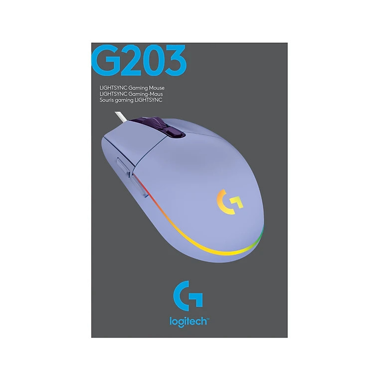 Chuột game có dây Logitech G203 Lightsync màu Tím Lilac (910-005853) - Tùy chỉnh RGB, 6 nút lập trình, nhẹ, 8000 DPI, PC/Mac - Hàng chính hãng