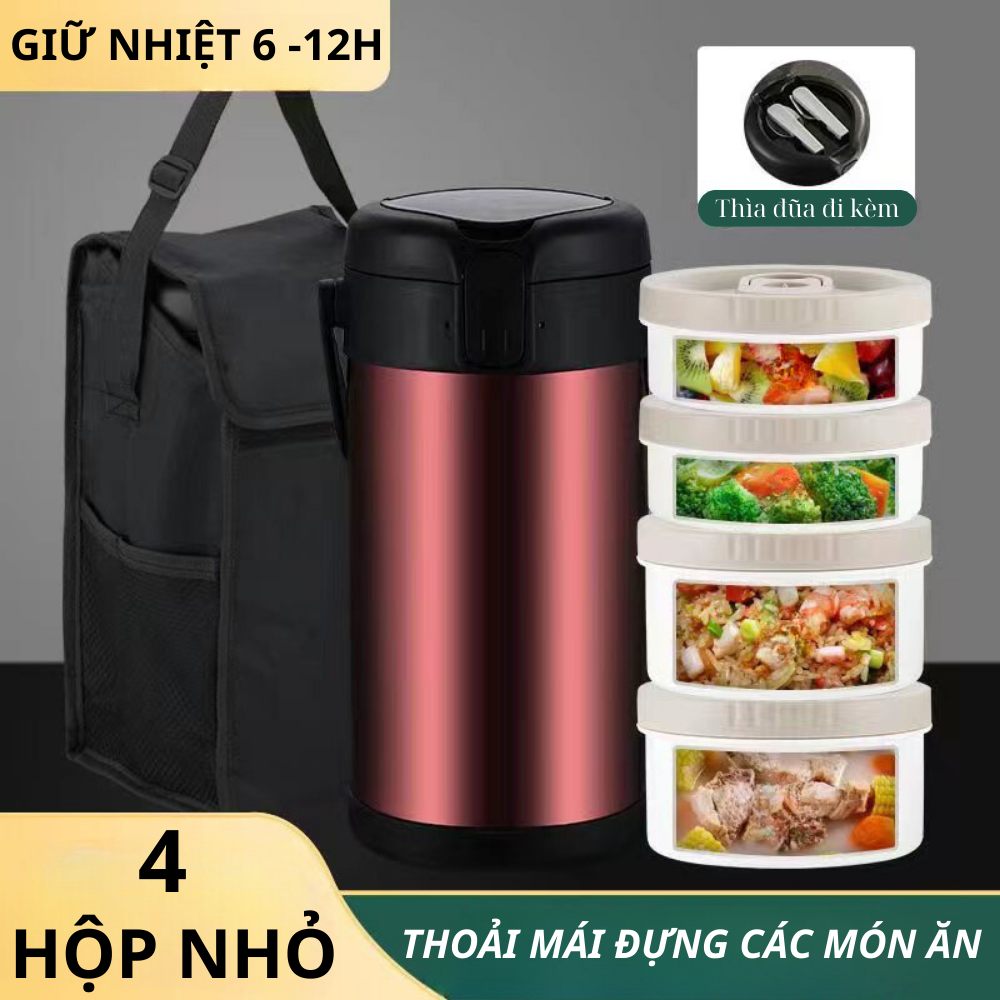 Hộp cơm giữ nhiệt LUNCH BOX 4 ngăn có túi đi kèm, hộp cơm di động có khả năng giữ nhiệt đến 8-10 tiếng