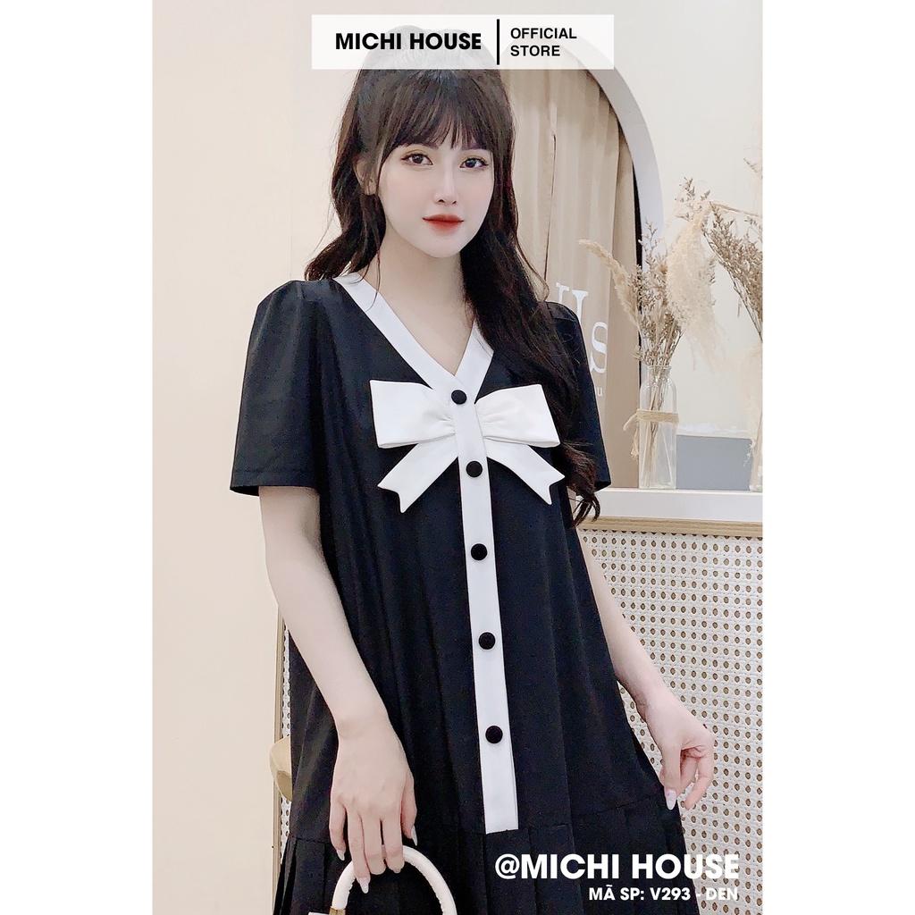 Váy Suông Rộng Thiết Kế Màu Đen, Nâu Cam V293 MICHI House Đầm Xuông Ngắn Tay Cổ V Nơ Bèo Dễ Mặc Bầu Xinh Thoải Mái