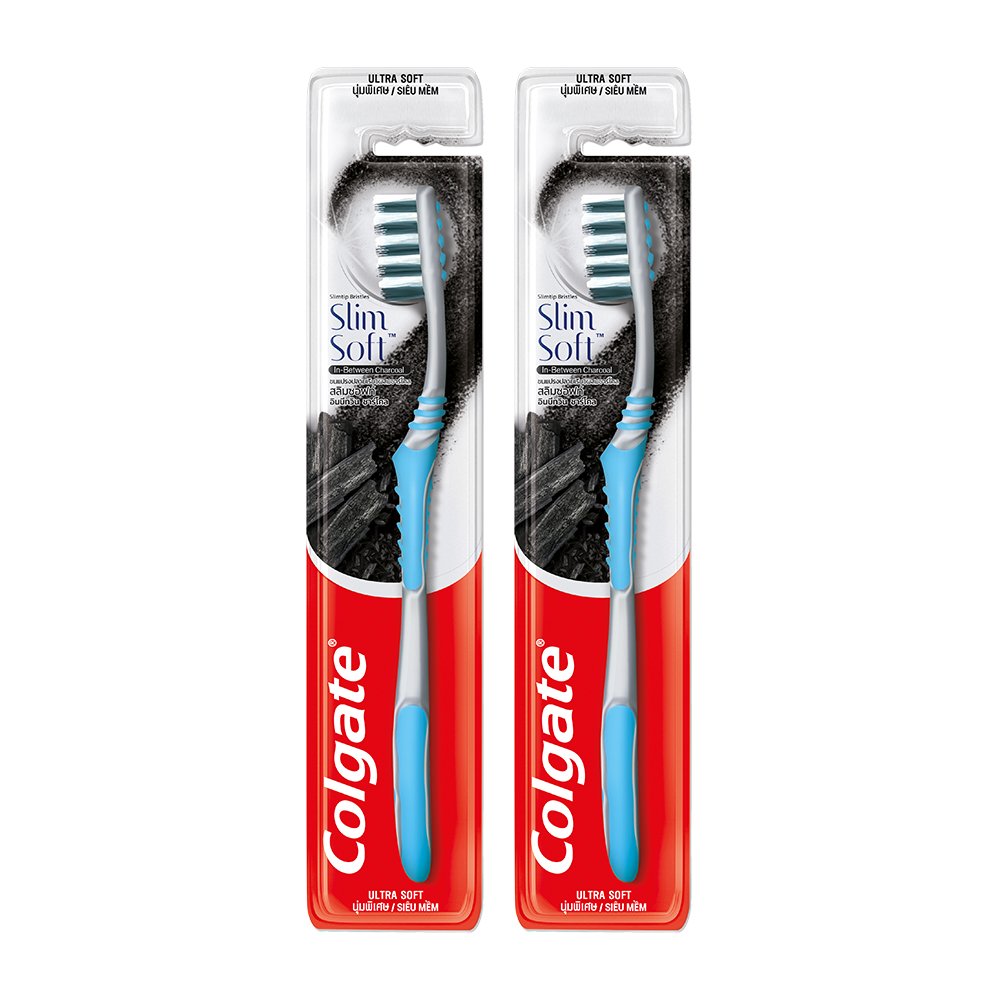 Bộ 2 Bàn chải Colgate Slimsoft Between Charcoal lông chải mềm mảnh xen sợi phủ than hoạt tính ( màu ngẫu nhiên )