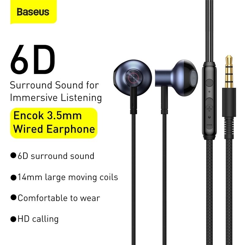 Tai nghe chính hãng AUX 3.5mm Baseus Encok H19 Wired Earphone (6D surround, Deep Bass, with ECM Microphone for HD Calling)