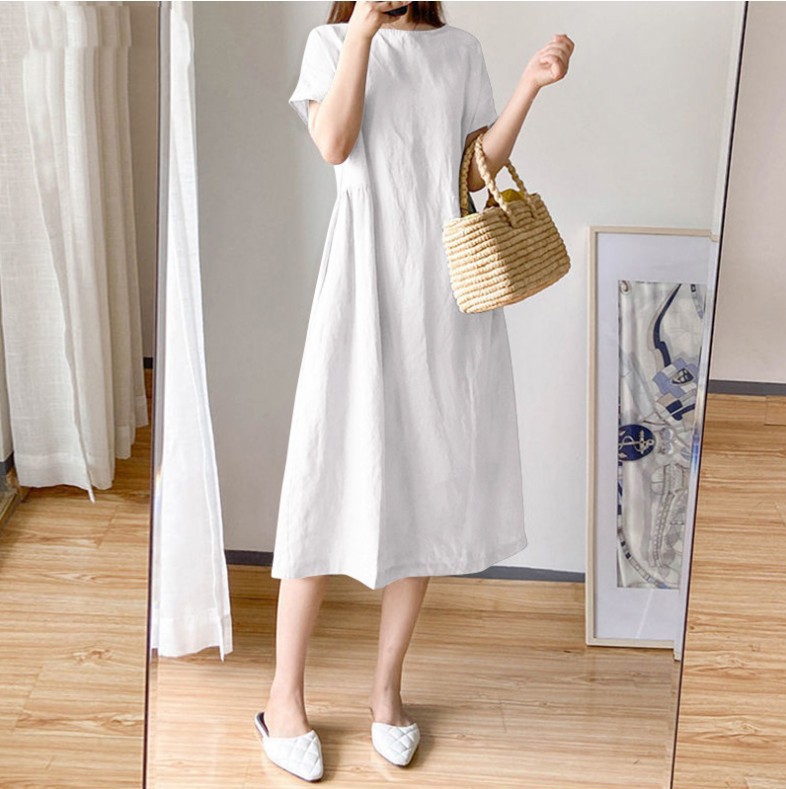 Đầm đũi trắng suông cổ tròn túi sườn, đầm trắng trơn kiểu dáng basic trẻ trung Da76