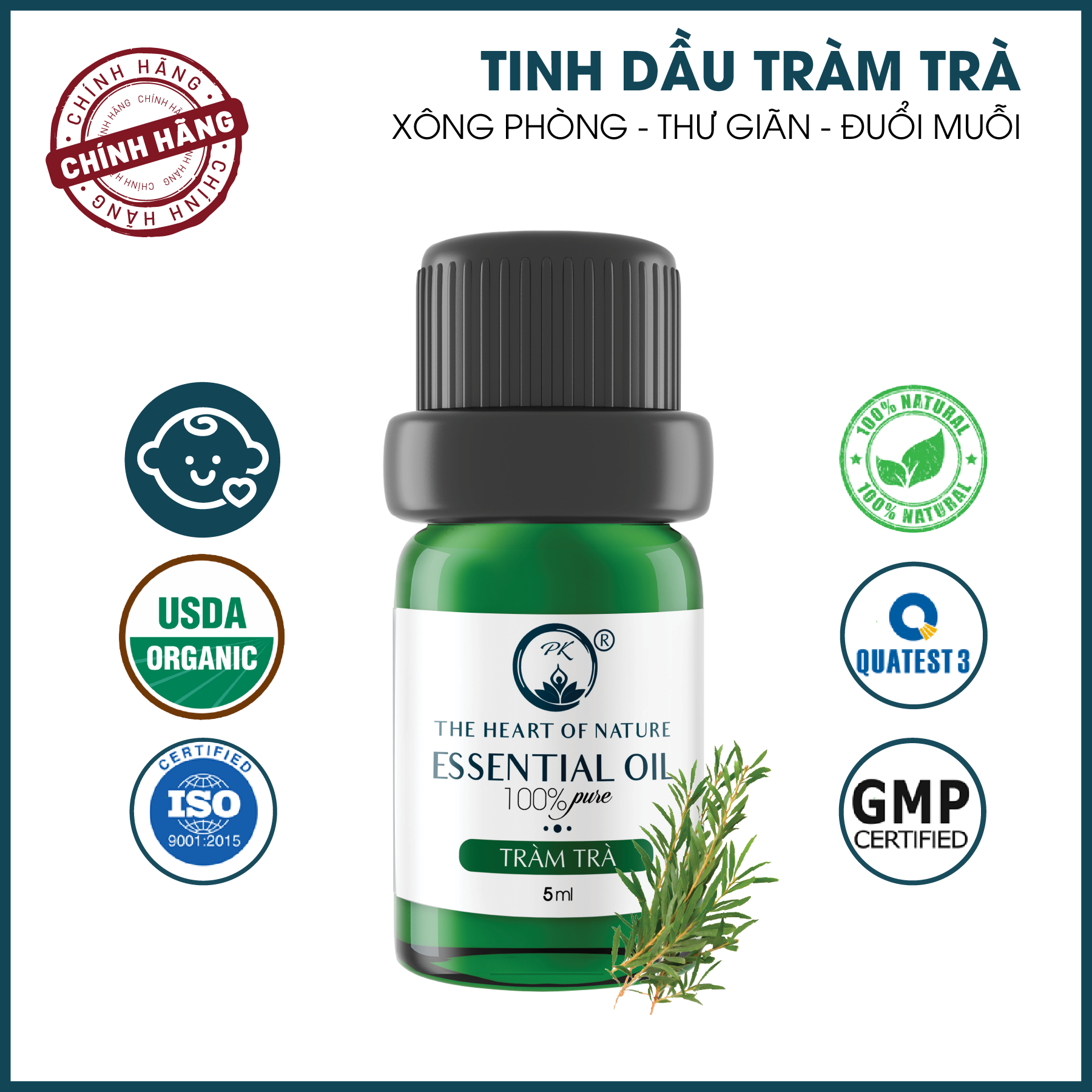 Tinh Dầu Cao Cấp Tràm Trà PK 100ML - Tinh Dầu Tràm Trà Thơm Phòng, Đuổi Muỗi, Thư Giãn - Chứng Nhận Hữu Cơ Organic FDA Hoa Kỳ duy nhất Việt Nam