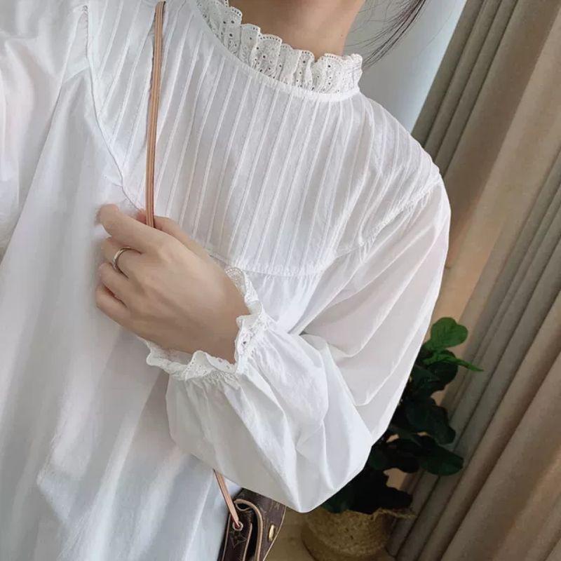 Áo babydoll xếp li ngực cổ ren vintage ảnh thật