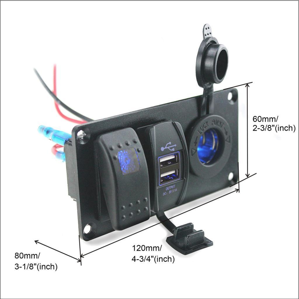 Car Boat Panel Blue Rocker Switch + USB Power Charger + Cigarette Lighter