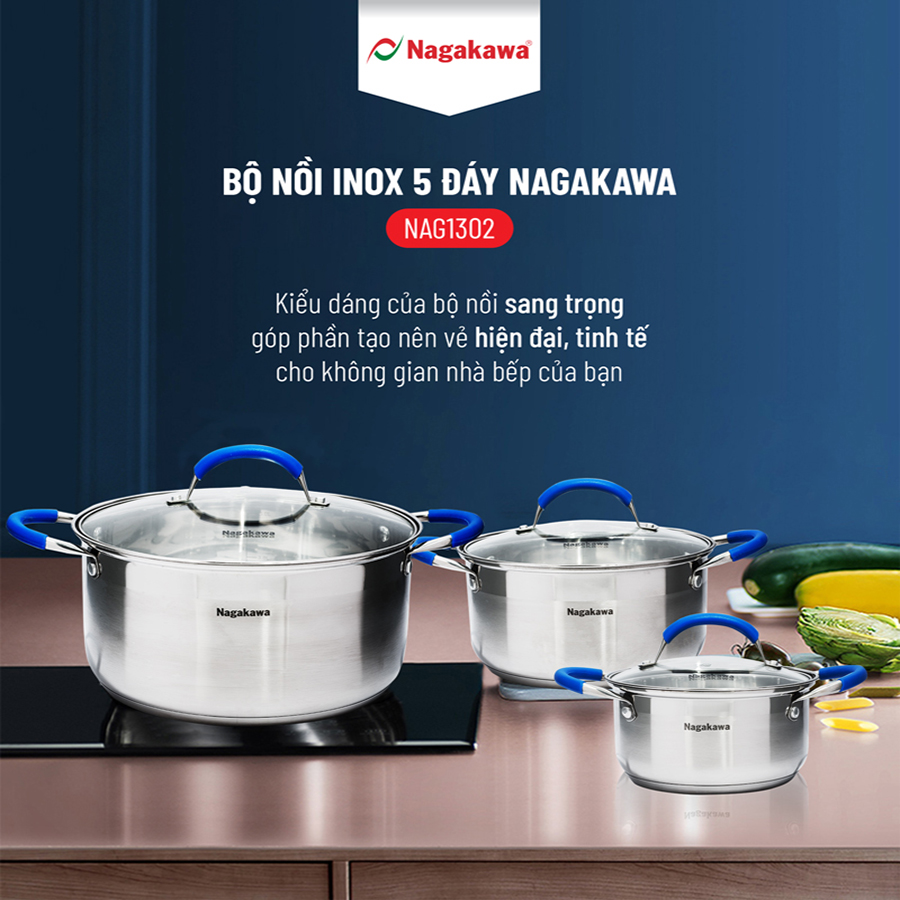 Bộ 3 Nồi Inox Cao Cấp 5 Đáy Quai Silicon Chống Bỏng Nagakawa NAG1302  Dùng Cho Mọi Loại Bếp - Hàng Chính Hãng