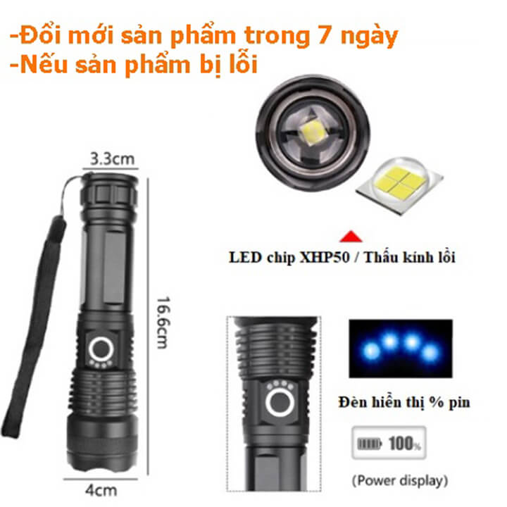 Đèn pin siêu sáng cầm tay XHP50 chiếu xa 500m có Zoom xa gần, chống thấm nước, pin trâu 6800mAh 5 chế độ sáng