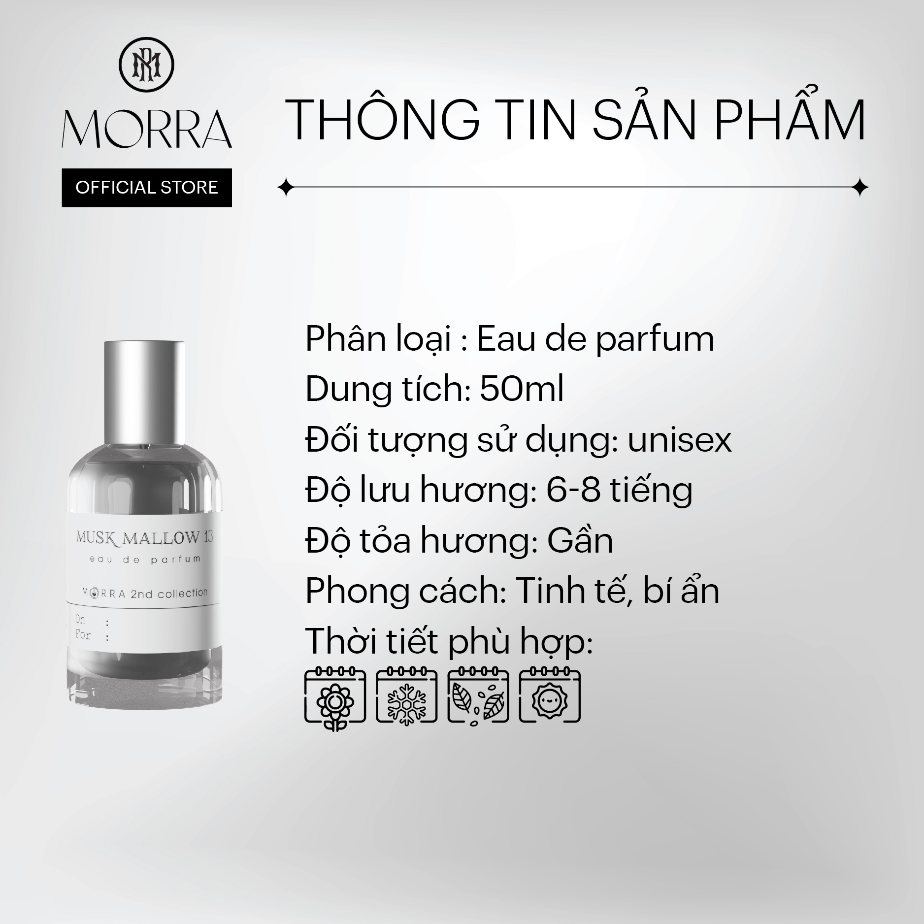 Nước Hoa Nam Nữ Morra Musk Mallow 13 Chai 50ml Nguyên Liệu Nhập Từ Pháp Hương Thơm Thuần Khiết, Tinh Tế, Bí Ẩn 50ml - Dạng Xịt