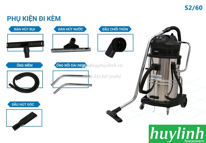 Máy hút bụi công nghiệp khô và ướt Clepro S2/60 - Dung tích 60 lít - Công suất 2400 - 3200W - Có lọc Hepa - Hàng chính hãng