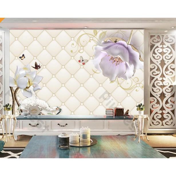 Tranh dán tường Hoa mẫu đơn hoa sen ấn tượng, tranh 3d dán tường hiện đại  MS690893