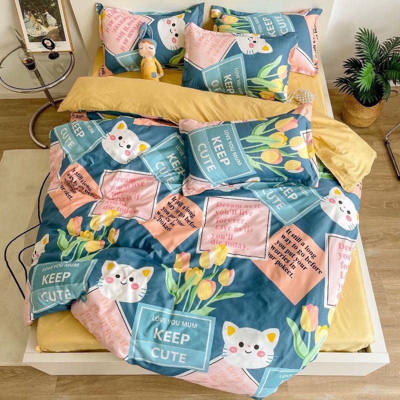 Bộ chăn ga gối cotton poly - Mẫu mèo xanh cute